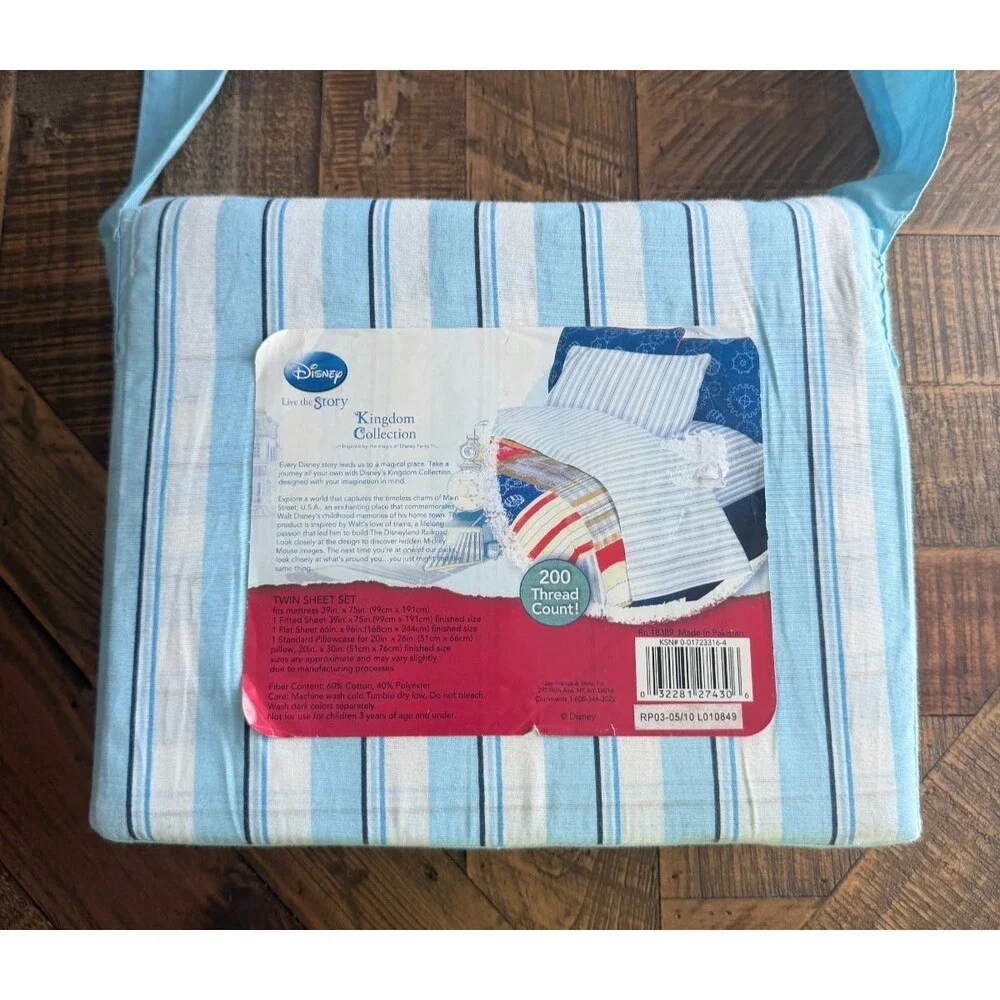 Disney Kingdom Collection Blue White Stripe 3 Piece Twin Sheet Set NEW Bedding
